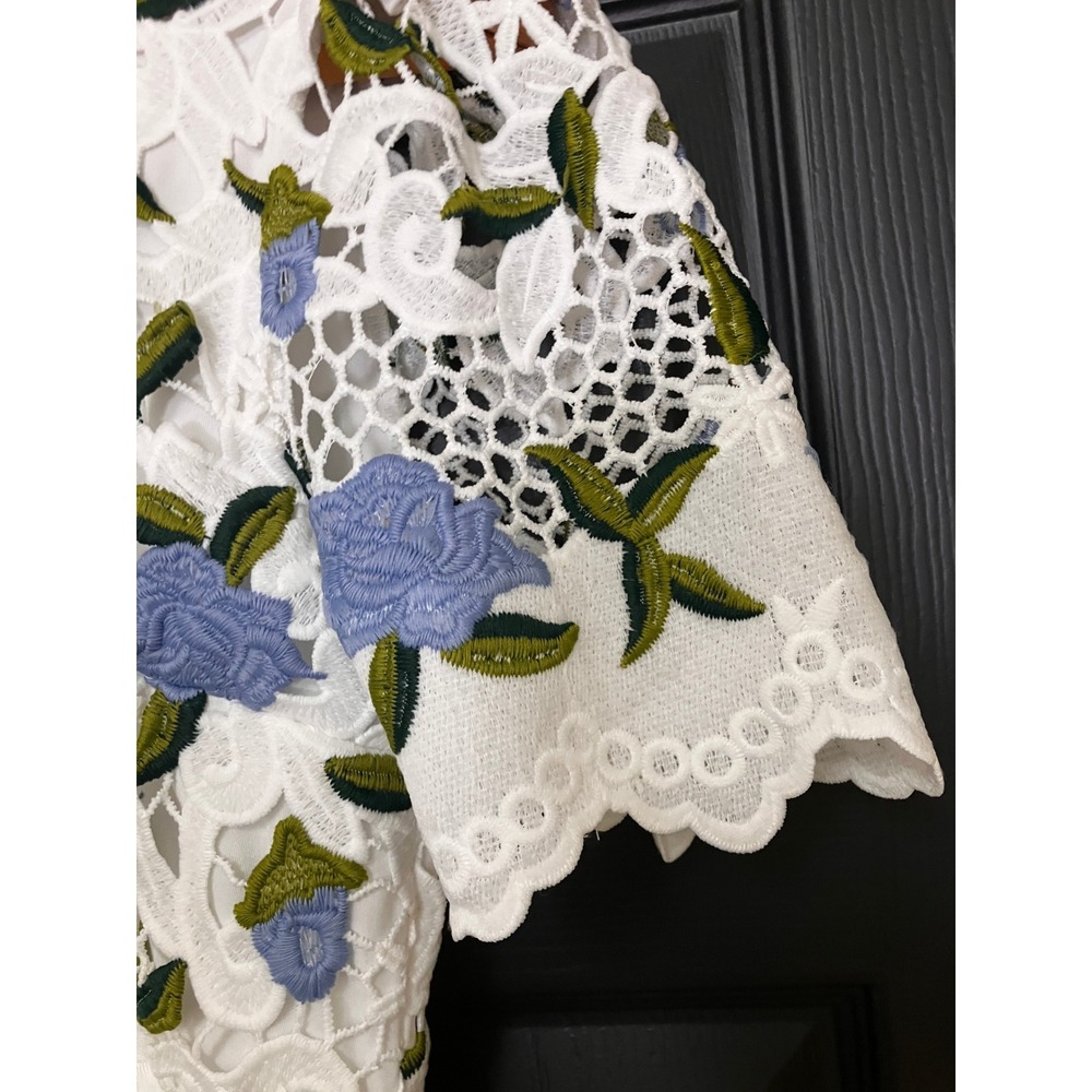 Just Me White Blue Floral Guipure Lace Tiered Midi Dress Womens Small Cottagec - Picture 6 of 12